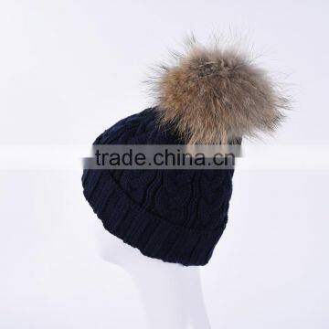 Daily Life Winter Fur Hat Wool Knitted Beanie Hat With Fur Pompoms on Top KZ160075 NAVY photo-5