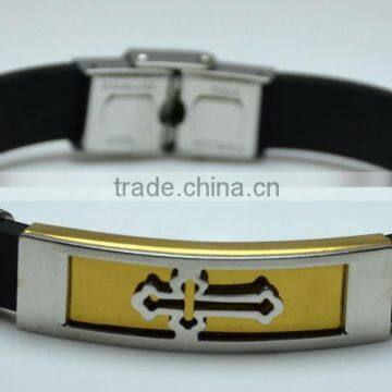 Hot Sale Mens Leather Christian Bracelets Gold Plated Steel Hollow Silver Cross Wrapped Religion Bangles For Men