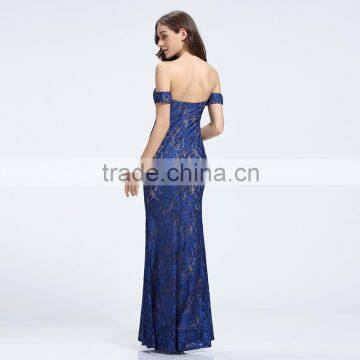 12955 Blue Lace Free Should Full Lenght Ruffer A-line Sweeps Blackless Party Cocktail Prom Dresses photo-2