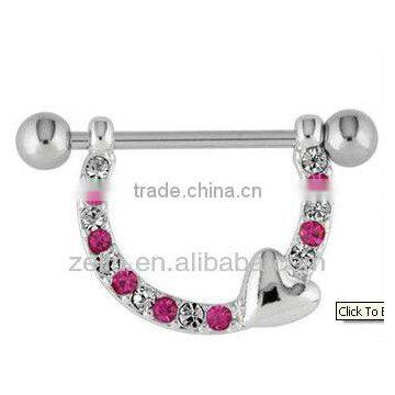 Nipple bar with dangling jeweled horseshoe and gem body piercing jewelry