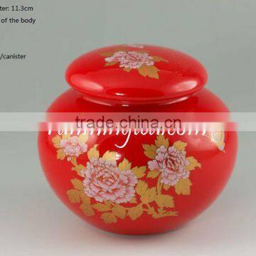 Red Vivid peony painting tea canister/caddy/coffee canister