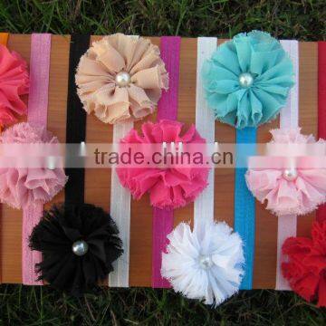 2.5"Chiffon Shabby Flowers Baby Headbands with Pearl in Cener