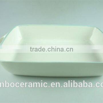 Enamel Ceramic Baking Dish White Green Line Decor Serving Dish Rectangular With Handle photo-3