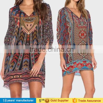 Women summer vestidos clothing chiffon printed tie neck half sleeve loose boho hippie chic ethnic gypsy shift mini dresses 2017