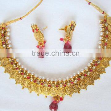GOLD Plated Goddess Laxmi COIN PINK Polki Bollywood Necklace EARRING Set photo-2