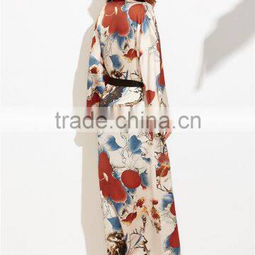 Custom Floral Print Women Beachwear Multicolor Flower Print Contrast Trim Belted Maxi Kimono photo-2