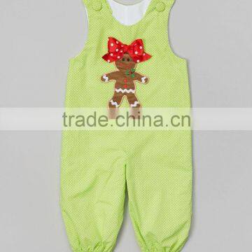 Lime Green Polka Dot Appliqued Gingerbread Baby Girls Romper With Bow