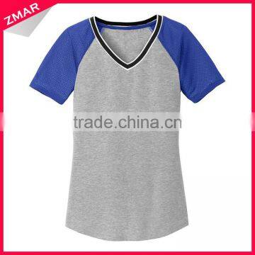 Bulk women slim fit 100 polyester mesh sleeve v neck wholesale t shirts