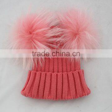 Myfur Navy Color Raccoon Fur Pompoms Top Wool Knitting Beanie Hat for Cute Baby photo-3