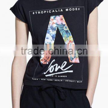 Korean Teen Girls Style Novel Printed Short Sleeves Black Pure Cotton T Shirt for 2015 Summer