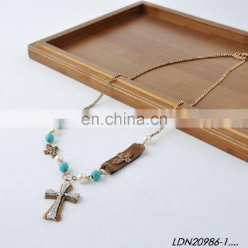 Anti-Siver and Anti-Gold Vintage Cross Necklaces Turquoise Beads Necklace photo-3