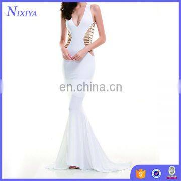 Sexy V-Neck White Cut Out Maxi Dress