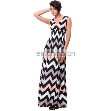 Kate Kasin Women's Sleeveless V-Neck High Stretchy Wave Elastic Waist Stripe Long Maxi Dress KK000236-1