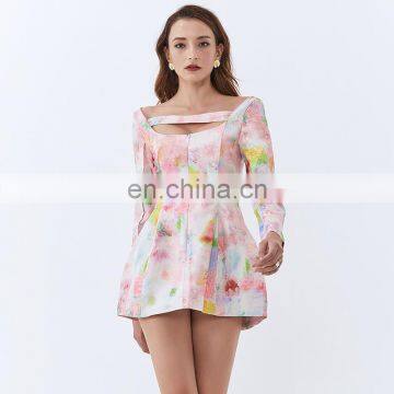 TWOTWINSTYLE Dress For Women Square Collar Long Sleeve Backless Print Hit Color Hollow Out Mini photo-5