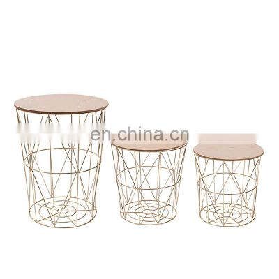 Home Convertible Round Metal Basket Wood Top Side Home Office Nesting End Tables with Storage