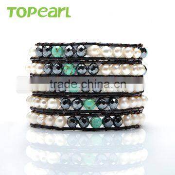 Topearl Jewelry Mixed White Pearls with Hematite and Turquoise Charm Bracelet 5 Wrap Bracelet CLL66