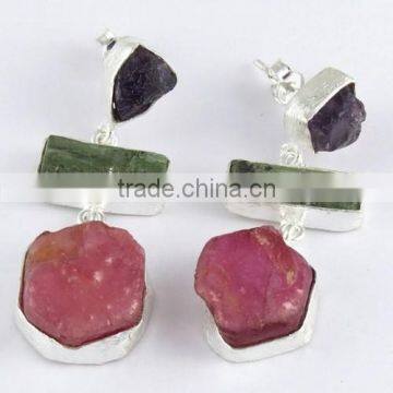 Tropical Amethyst & Prehnite & Ruby Silver Earring, Gemstone Silver Jewelry, Handmade Silver Jewelry