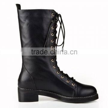 Fashion Ladies Black Real Leather Flat Heel Tie Up Half Boot photo-3