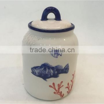 Marine series of embossed 3D decal and hand-painted porcelain cookie jar with lid