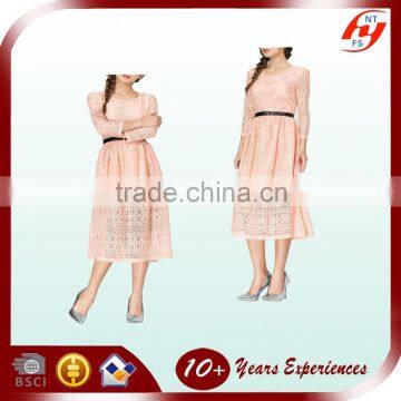 OEM New Design Elegant Lady 3/4 Sleeve Nude See Through Lace Prom Long Maxi Dress Factory Price