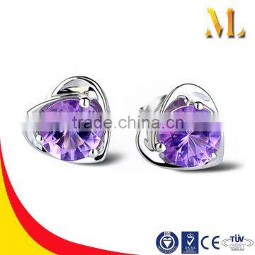 MLSE-003 Sweet heart purple color 925 sterling Silver zircon solid silver heart earrings