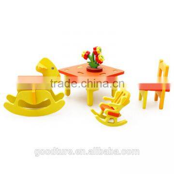 3D Assembling Mini Furniture Rocking Horse Rocking Chair And Table Set For Kindergarten Wooden Toy photo-2