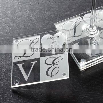 Factory price clear white square love printed glass coaster for wholesale as home table mats