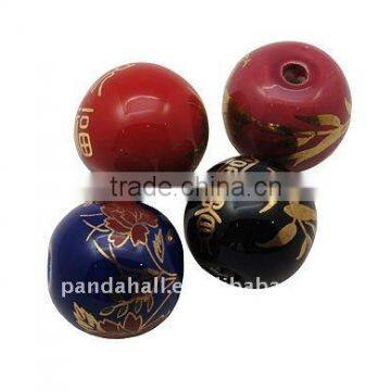 Handmade Porcelain Beads, Ornamental With Gold, Round, Multicolor, about 25x24mm, hole: 4.5mm(PORC-E1074-M)