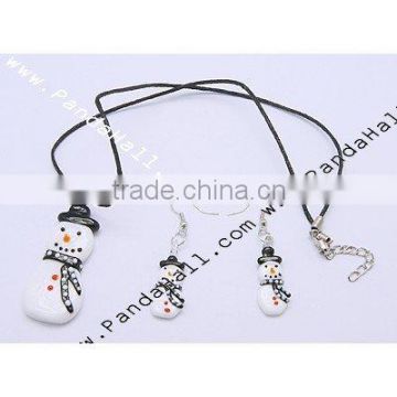 Lampwork Jewelry Set, Snowman, fashion Snowman,Christmas, Black, Size: Necklace: 18" long, Earring: about 55mm long(SJEW-457L-1)