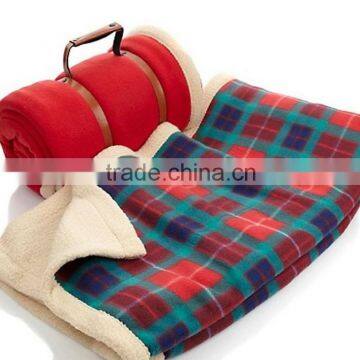 2ply Red Microplush Sherpa fleece travel blanket with carry handle