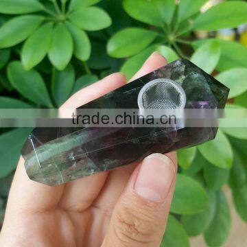 Wholesale Natural Rock Fluorite Crystal Smoking Hand Pipes with Metal Bowl