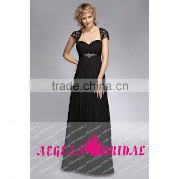 M10 Formal Sweetheart Cap Sleeve Deep V Back Long Chiffion Black Evening Dresses