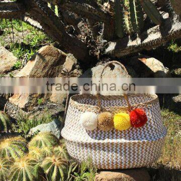 Pompom Beach Bag/Pompom Bag, White Zigzag Belly Basket With Pompom photo-2