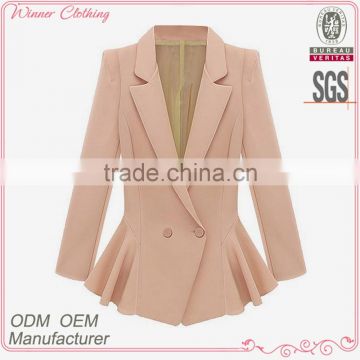 New designs formal/offical wear pink color flared hem long sleeves v neck women blazer 2015