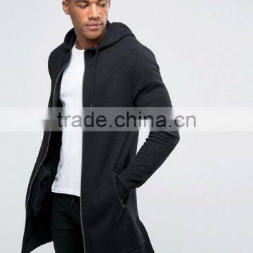 New Design Custom Side Pockets Longline Hem Split Black Men's 100% Cotton Casual Plain Dyed Zip Closure Coat Hoodies