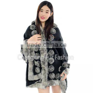 CX-B-P-40E Rostte Ladies Genuine Rex Rabbit Fur Trimmed Pashmina Shawls photo-2