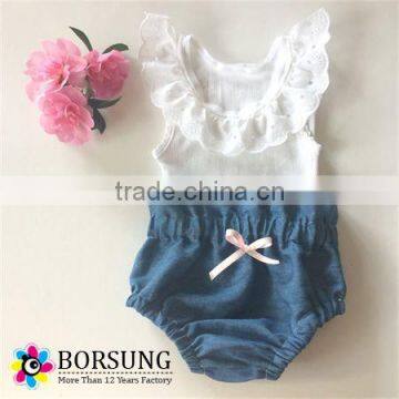 Wholesale cute sleeveless newborn baby jumpsuit lace organic cotton baby gilrs romper