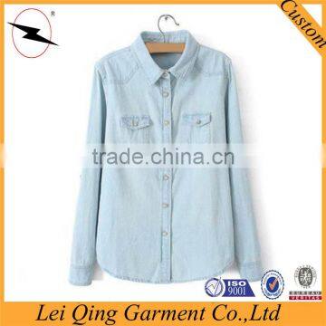 Two Pockets Garment Wash Denim Shirt Women photo-3