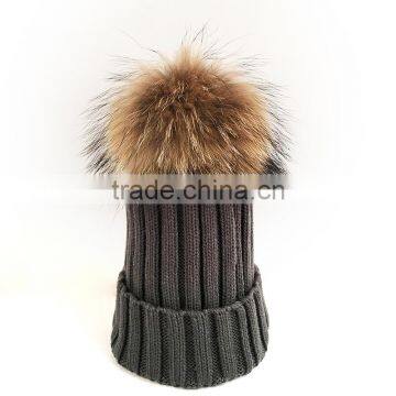 Myfur Dark Gray Wool Knitting Hat Couple Cap With Raccoon Fur Pompom