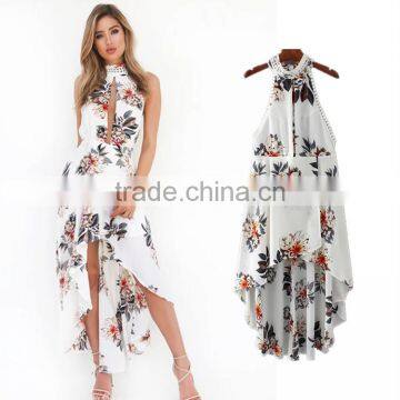2017 Halter Floral Print Long Maxi Dress Summer Beach Backess Chiffon Dress APPAREL photo-2