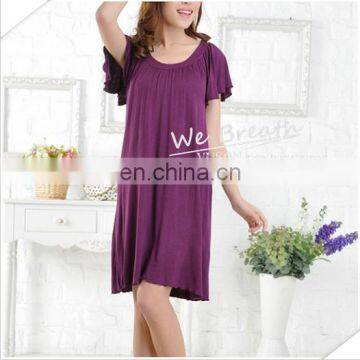 Ladies' Eco-friendly Bamboo Fiber Round Neck Night Gown Solid Color FD photo-5