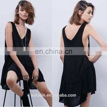 High quality deep v neck little black dress, woman sleeveless mini dress