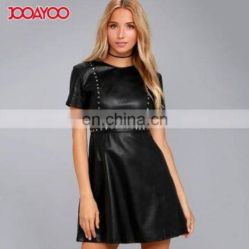 Women Clothes Skater Dress Fashion Black Leather Mini Dress for Ladies photo-2