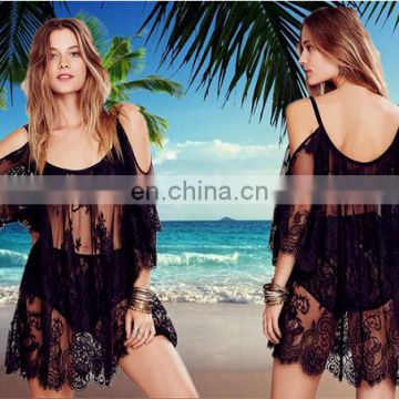 Lace design sexy summer lady sheer beach bikini blouse