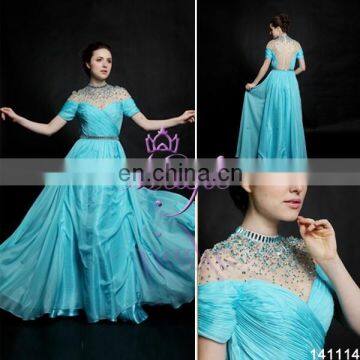 2015 Elegant beaded sequin aqua green chiffon evening dress with sleeves