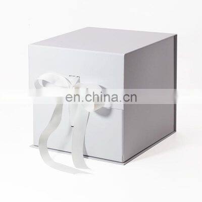 Foldable white custom ribbon design logo printing cube magnetic gift box wholesale