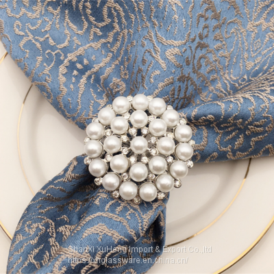Factory Custom Rhinestone Gold Silver Napkin Ring With White Pearl Decoration