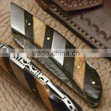 udk f28" custom handmade Damascus folding knife / pocket knife with buffalo horn steel and wood spacers