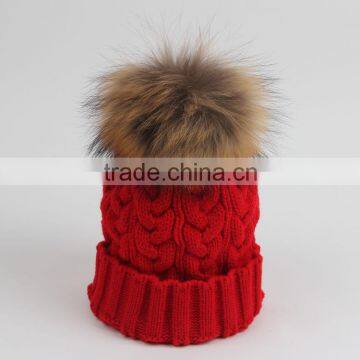 Custom Wool Knitted Racoon Fur Pom Pom Beanie Hat