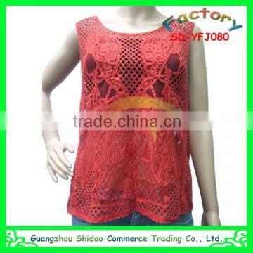 Spring original design round neck red color cotton embroidery blouses